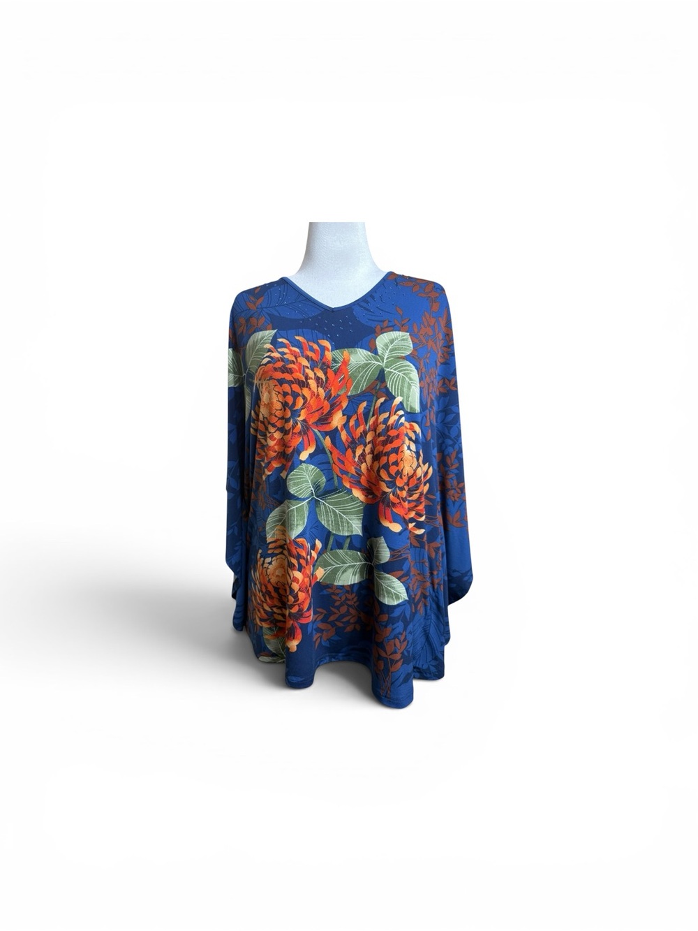 Quacker Factory Blue Top with Orange Floral Accents and crystals size XL